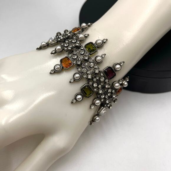 Ben-Amun Vntg Designer Multicolor Crystal White Pearl Art Deco Fringe Bracelet - Picture 2 of 12